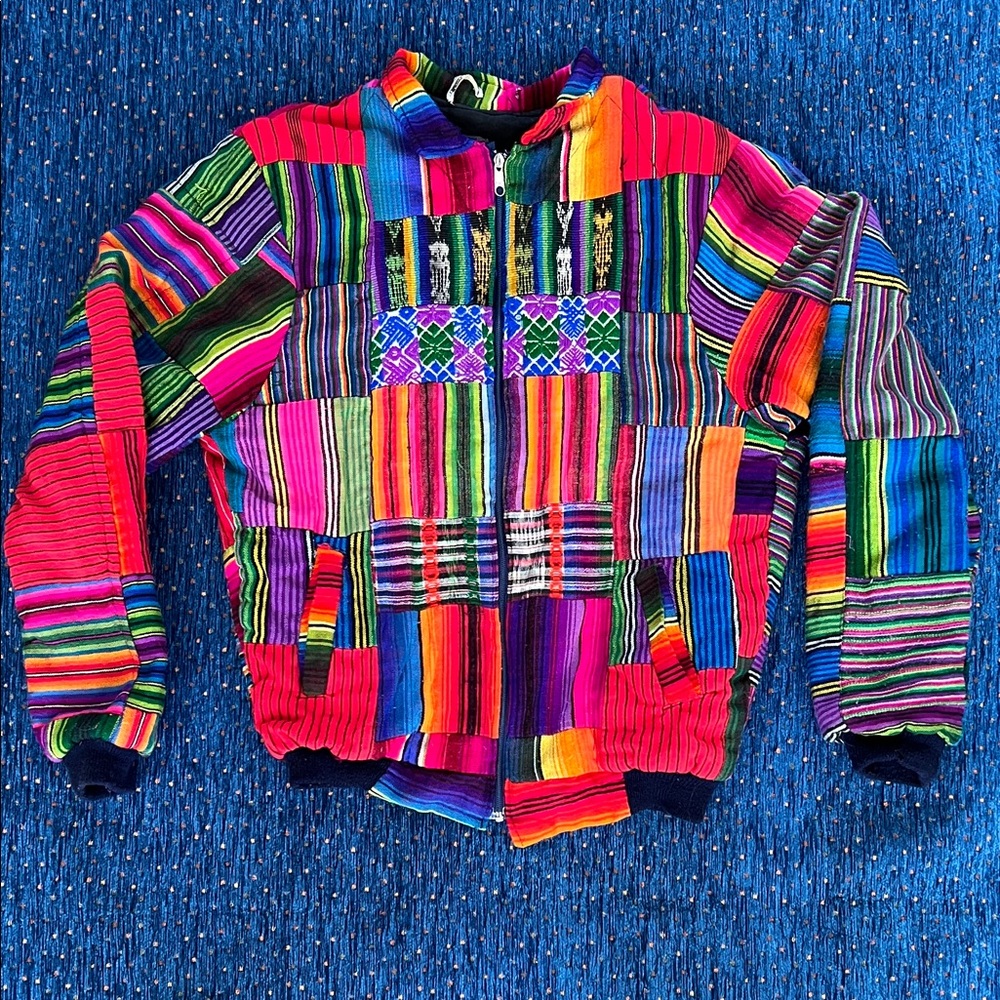 Unique, vintage Colorful Patchwork Guatemalan handmade Jacket, 100% cotton